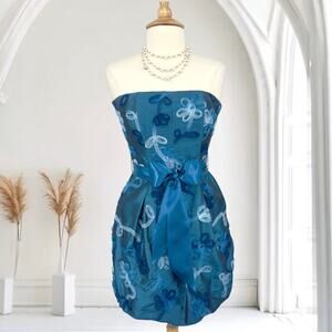 NWT Cache Y2K Blue Strapless Bubble Hem Dress 2 Satin Floral Applique USA
